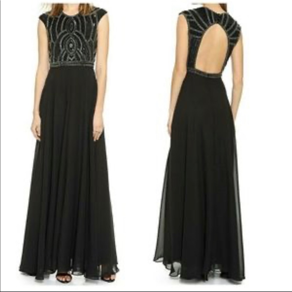 Parker black beaded evening gown with open back